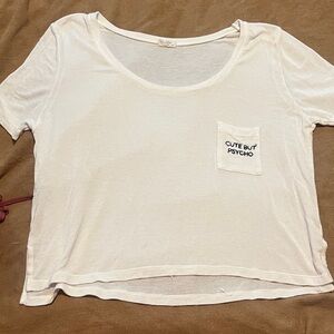 Brandy Melville White Crop Top with Pocket 'Cute But Psycho'